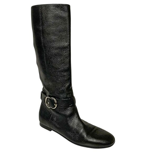 Gucci GG Black Pebbled Leather Knee High Tall Flat Low Heel Boots 39 US 9 - Picture 1 of 12